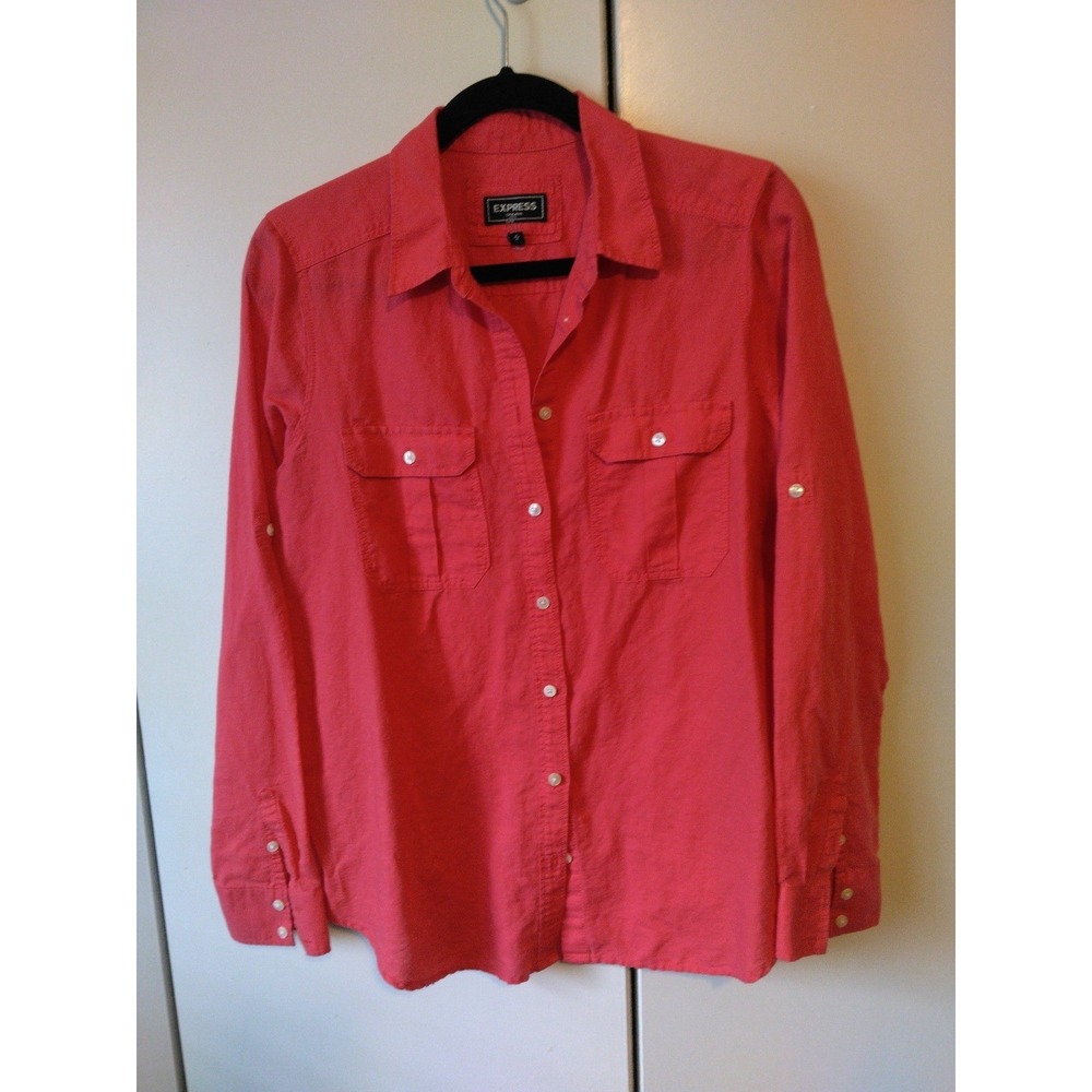 Express Womens Linen Blend Button Down Shirt Size M Coral Coastal Resort Utility